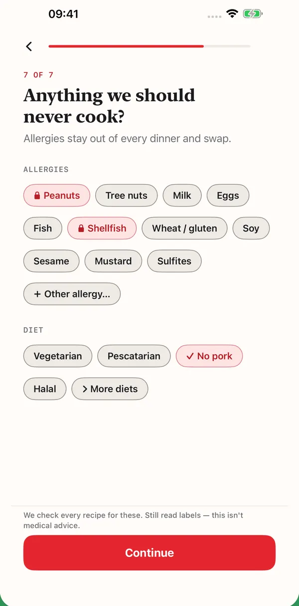 Allergy screen: choose the allergens and diets Dinra must avoid